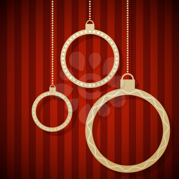 Abstract paper Christmas balls hanging against red striped background.