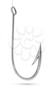 Steel fishhook isolated on white background realistic vector illustration.