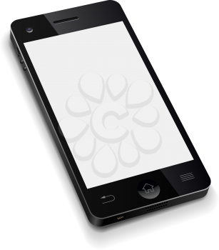 3D mobile phone template with blank white screen realistic vector illustration.