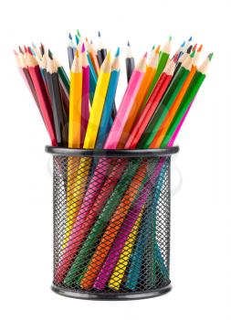 Various color pencils in black metal container isolated on white background
