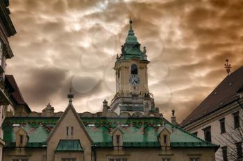 Town hall and dramatic cloudy sky in Bratislava, Slovakia