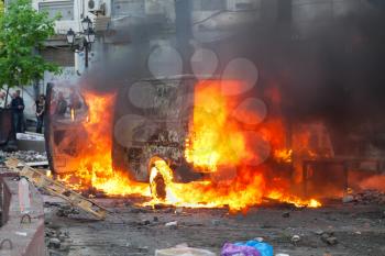 Burning car in the center of city during unrest in Odesa, Ukraine
