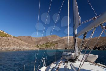 Sailing boat wide angle view near greece island

