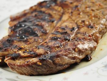 a fresh grilled steak on a plate  ,close up
