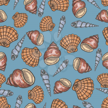 Seashell collection hand drawn aquatic doodle vector illustration. Sketch. Ocean life. Seamless background