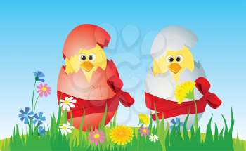 Royalty Free Clipart Image of Chick in Easter Eggs on the Lawn