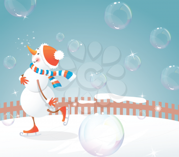 Christmas background - snowman on skates and bubbles