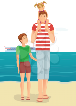 A man with little girl and boy on beach