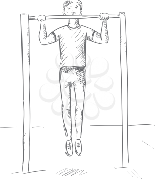 The sportsman pulls up on the bar. Work to achieve the goal. Outline illustration