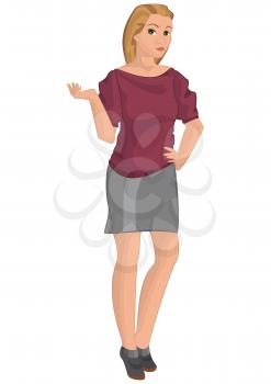 Illustration of retro young woman isolated on white. Retro girl in gray skirt.


