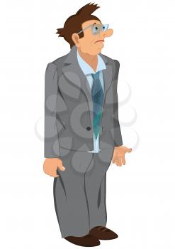 Illustration of cartoon male character isolated on white. Retro hipster man standing in gray jacket and glasses.




