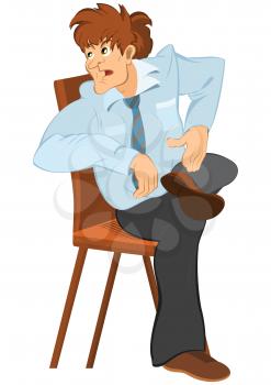 Illustration of cartoon male character isolated on white. Retro hipster man with brown hair sitting on the chair.




