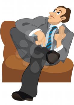 Illustration of cartoon male character isolated on white. Retro hipster man with brown hair sitting on the sofa.




