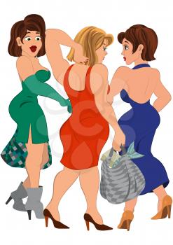 Illustration of cartoon people isolated on white. Three cartoon women with bags talking after shopping.
