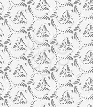 Perforated flourish small tear drops thee turn.Seamless geometric background. Modern monochrome 3D texture. Pattern with realistic shadow and cut out of paper effect.
