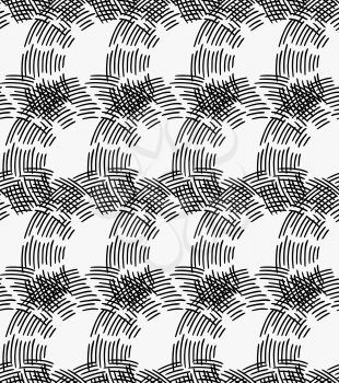 Black marker hatched crossing arc cells.Free hand drawn with ink brush seamless background. Abstract texture. Modern irregular tilable design.