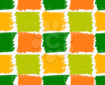 Marker drawn hatched green and orange squares.Hand drawn with marker seamless background.Modern hipster style design.