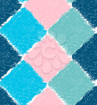 Pencil hatched blue pink and green squares.Hand drawn with brush seamless background.Modern hipster style design.