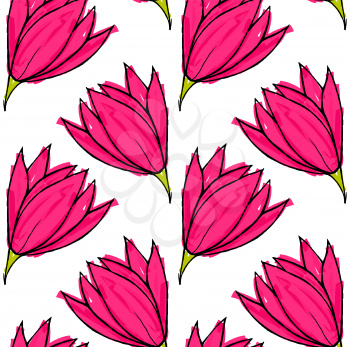 Big pink flower on solid white.Hand drawn with ink and colored with marker brush seamless background.Creative hand made brushed design.Big flower collection.