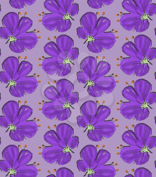 Big purple flower on solid purple.Hand drawn with ink and colored with marker brush seamless background.Creative hand made brushed design.