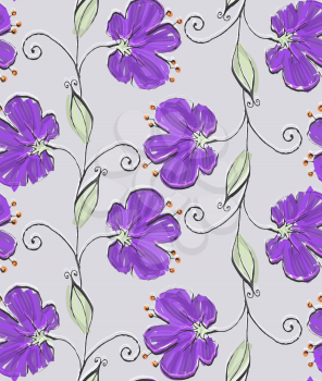 Big purple flower on vine.Hand drawn with ink and colored with marker brush seamless background.Creative hand made brushed design.