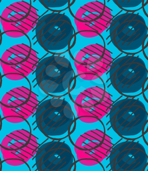 Blue and pink circles hatched.Hand drawn with ink and colored with marker brush seamless background.Creative hand made brushed design.