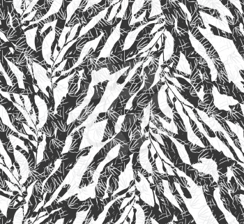 Kelp seaweed black on white with texture.Hand drawn with ink seamless background.Modern hipster style design.
