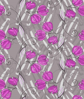 Light purple flowers on vine on colored background.Hand drawn with ink and colored with marker brush seamless background.Creative hand made brushed design.