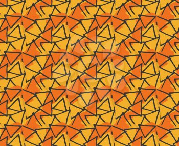 Rough triangles on busy orange background.Hand drawn with ink and colored with marker brush seamless background.Creative hand made brushed design.