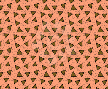 Rough triangles textured with hatches orange and green.Hand drawn with ink and colored with marker brush seamless background.Creative hand made brushed design.