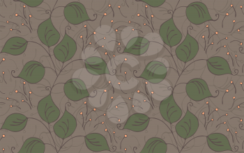 Fabric design leaves green on brown.Hand drawn with ink seamless background.Floral textile pattern.