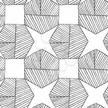 Hatched hexagons forming stars.Black and white simple hatched geometrical pattern.Hand drawn with ink seamless background.Modern hipster style design.