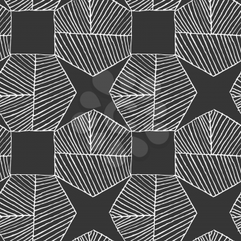 Hatched hexagons forming stars on black.Black and white simple hatched geometrical pattern.Hand drawn with ink seamless background.Modern hipster style design.