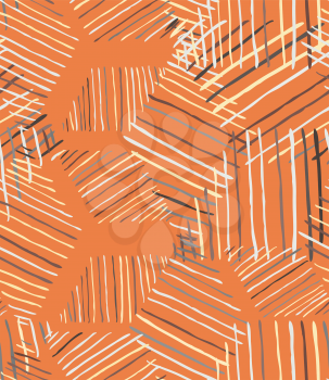 Rough inked diamonds on orange.Hand drawn with ink seamless background.Hatched design. Abstract hand hatched fabric.