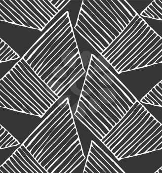 Hatched trapezoids on black.Hand drawn with ink and marker brush seamless background.