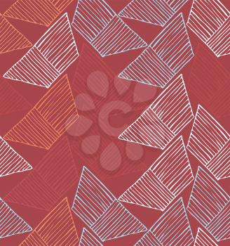 Hatched trapezoids on red.Hand drawn with ink and marker brush seamless background.
