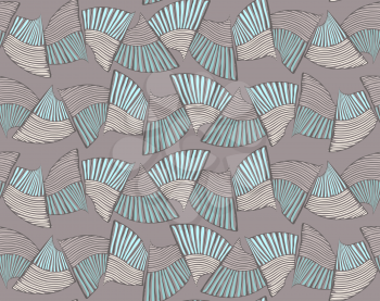 Sea shell peaces green and coffee in wavy pattern.Hand drawn with ink seamless background.Creative handmade repainting design for fabric or textile.Geometric pattern made of striped trapezoids forming