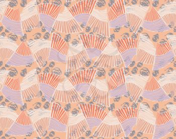 Sea shell peaces in wavy pattern on cream.Hand drawn with ink seamless background.Creative handmade repainting design for fabric or textile.Geometric pattern made of striped trapezoids forming waves.V