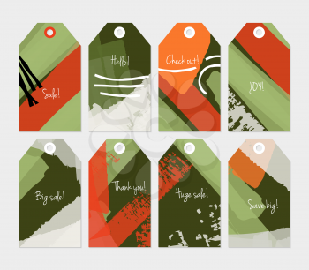 Abstract rough grunge strokes gray red white green tag set.Creative universal gift tags.Hand drawn textures.Ethic tribal design.Ready to print sale labels Isolated on layer.