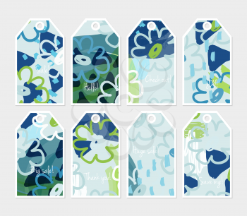Doodled flowers blue green tag set.Creative universal gift tags.Hand drawn textures.Ethic tribal design.Ready to print sale labels Isolated on layer.