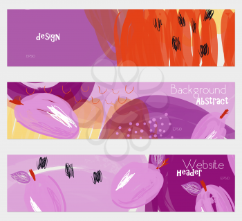 Roughly drawn plums purple banner set.Hand drawn textures creative abstract design. Website header social media advertisement sale brochure templates. Isolated on layer