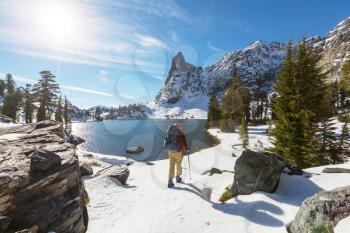 Man with hiking equipment walking in Sierra Nevada  mountains,California,USA