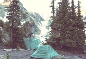 Hiking tent in the mountains. Mt Baker Recreation Area, Washington, USA