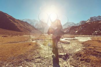 Hiker in Himalayas mountain. Nepal