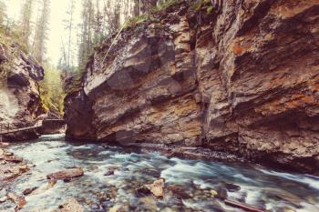 Johnston Canyon in Banff NP, Canada. Beautiful natural landscapes in British Columbia. Summer season.
