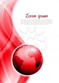 Red tech waves background with globe. Vector design eps 10