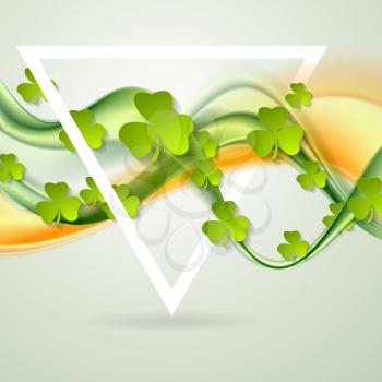 Green orange smooth waves and clovers shamrocks abstract background. St. Patrick Day vector design