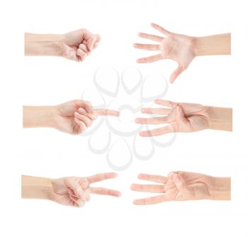 Counting woman hands (0 to 5) isolated on white background