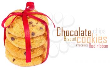 Chocolate chips cookies with red ribbon isolated on white