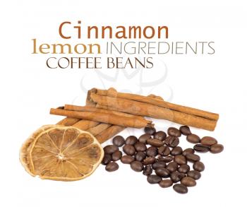 coffee beans, cinnamon and lemon isolated on white